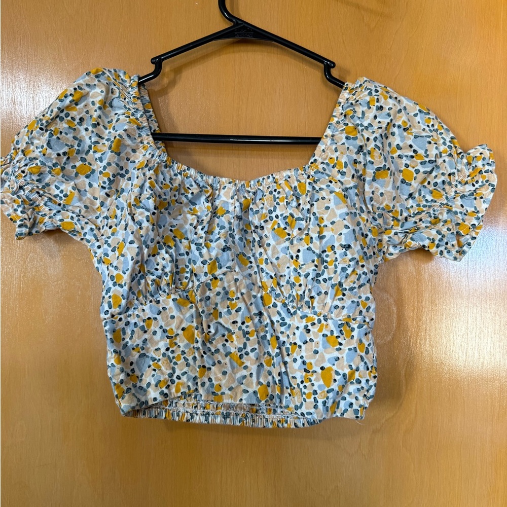 Floral Puff Sleeve Crop Top in Yellow and Blue